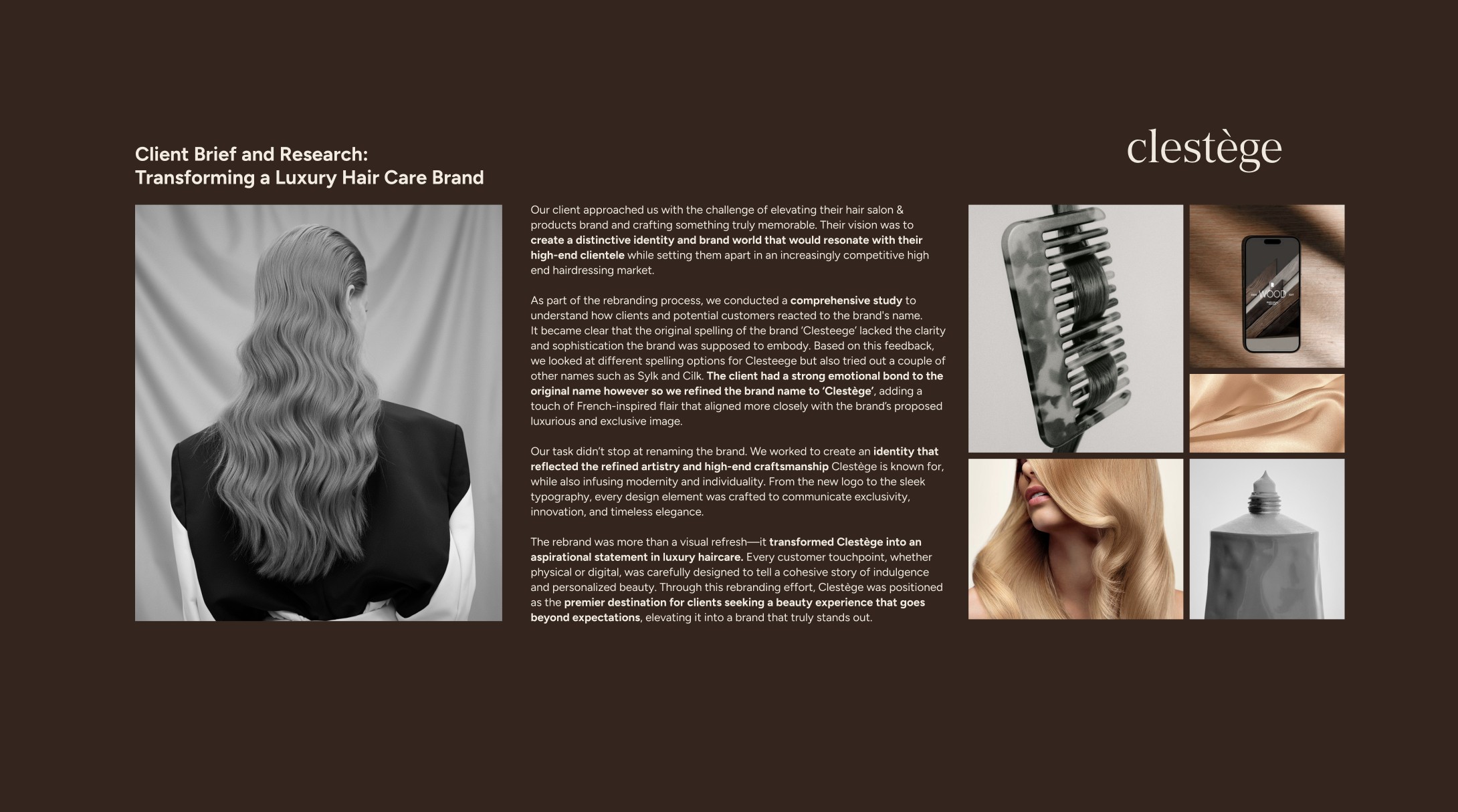 Client brief and research slide — transforming a luxury hair care brand, from the Clestège brand deck